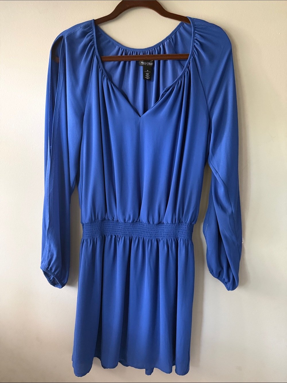 White House Black Market Royal Blue Long-Sleeve V-Neck Smocked Waist Dress